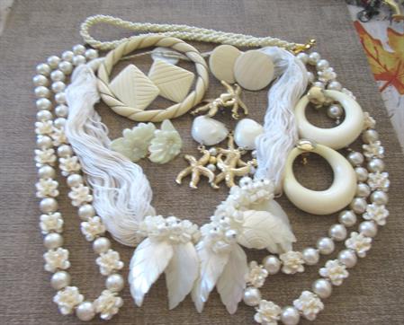 Vintage Costume Jewelry Lot Mother of Pearl Necklace Earrings Bracelet Beach Cruise Wear Destash