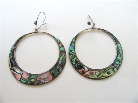 Vintage Taxco Sterling Silver Abalone Hoop Earrings Pierced Costume Jewelry