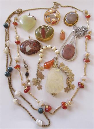 Genuine Stone Assorted Jewelry Items Lot Pendants Necklaces Pearls Pill Box Goldstone Ring Quartz Agate 