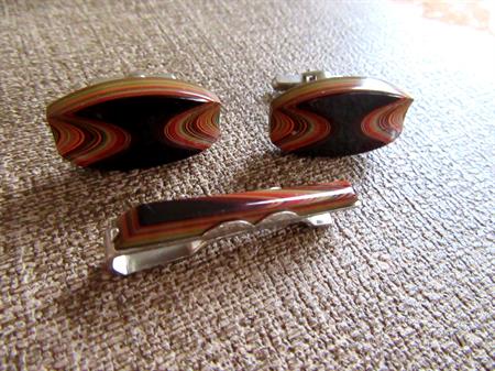 Vintage Mid Century Layered French Bakelite Cufflinks and Skinny Tie Bar Set Mens Jewelry Shirt Accessories