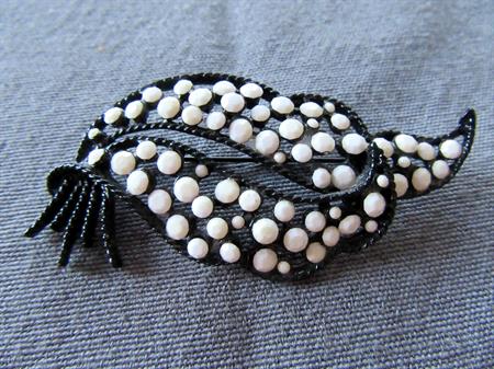 Mid Century Jappanned Black and White Opaque Rhinestone Pin Vintage Costume Jewelry