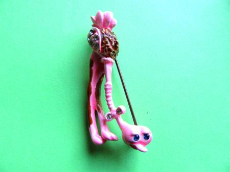 Anthropomorphic ART Arthur Pepper Signed Hot Pink Ostrich Pin Figural Vintage Costume Jewelry