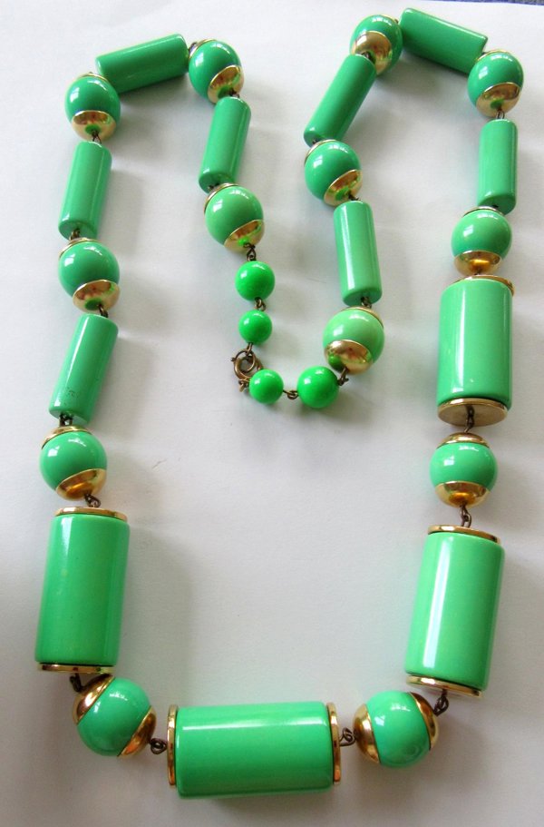 Vintage Green Lucite and Metal Runway HEAVY Necklace