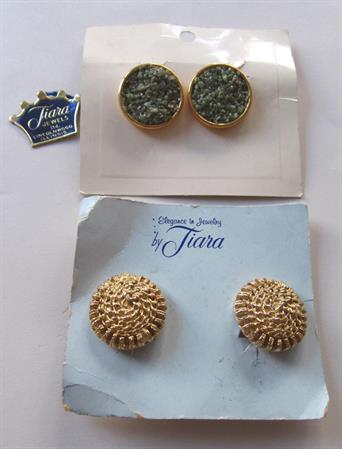 Vintage 1950's Tiara Earrings Two Pairs Original Cards genuine Jade Chips Old Stock Never Worn