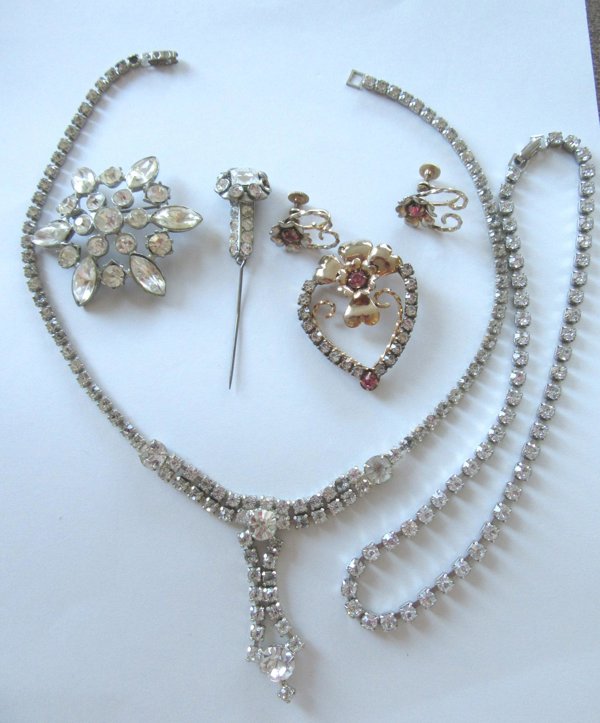 Vintage Rhinestone Jewelry Lot Pins Necklaces