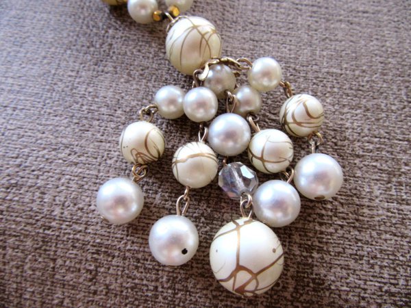 Vintage Faux Pearl and Crystal Tassel Necklace Splatter Paint Beads