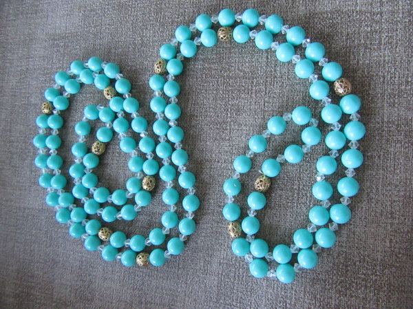 1960's Blue Lucite Long Necklace Crystals Vintage Jewelry