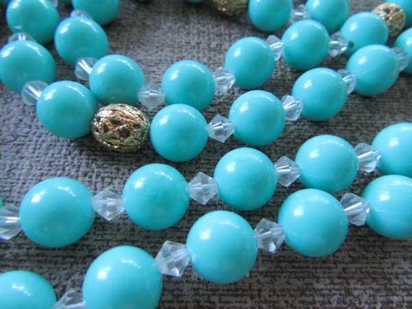 y1960's Blue Lucite Long Necklace Crystals Vintage Jewelry