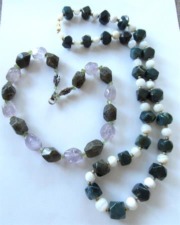 TWO Genuine Stone Beads Necklace Agate Green Zoizite ? Amethyst ? Gemstone