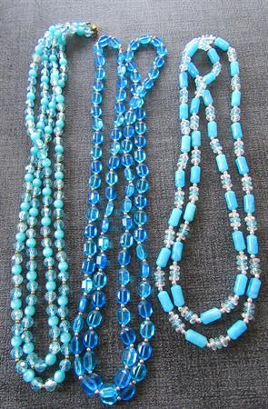 1960's Long Blue Lucite and Plastic Beads Necklace Lot Destsash Repurpose Jewelry Making