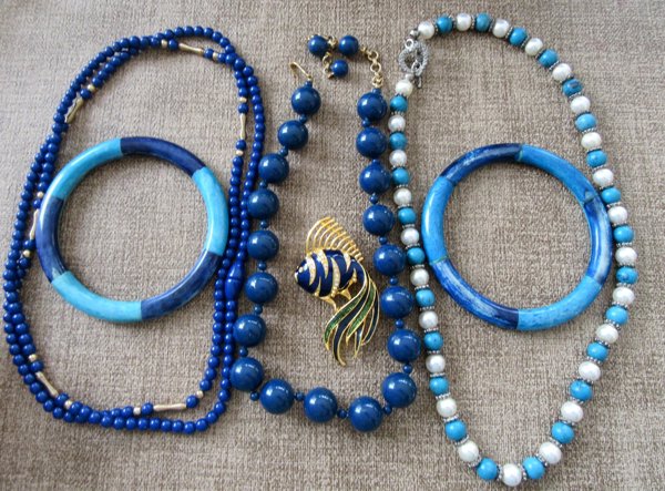 Vintage and New Blue Jewelry Lot Necklaces Bangles
