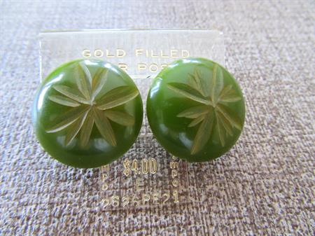 Green Bakelite Carved Earrings Pierced Old Store Stock Original Card Never Worn