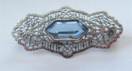 Victorian Style Filigree Pin with Blue Open Backed Rhinestone Vintage Costume Jewelry