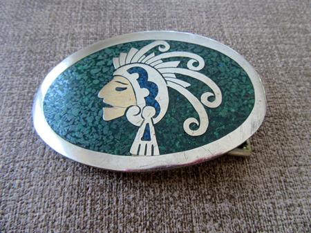 Vintage Mayan Style Belt Buckle For Repurposing Turquoise and Brass Inlay Mexico  Destash Upcycle