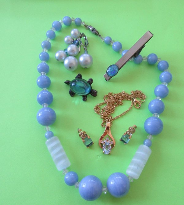 Vintage And Up Blue Glass Jewelry Lot 