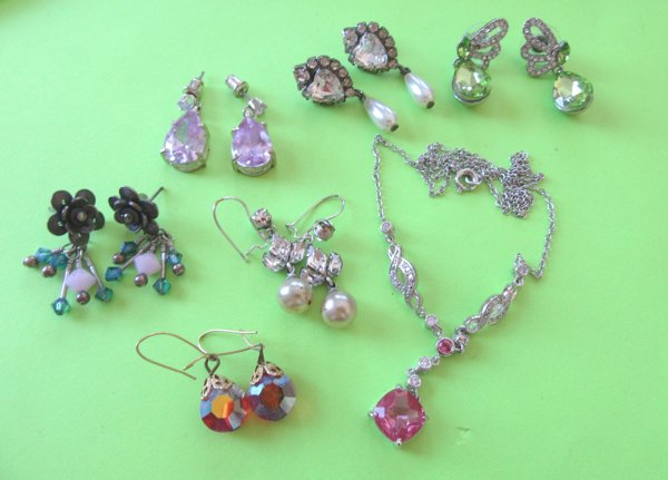 Vintage Earrings Lot Pink Rhinestone Plus Necklace
