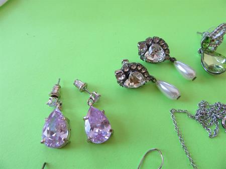 Vintage Earrings Lot Pink Rhinestone Plus Necklace