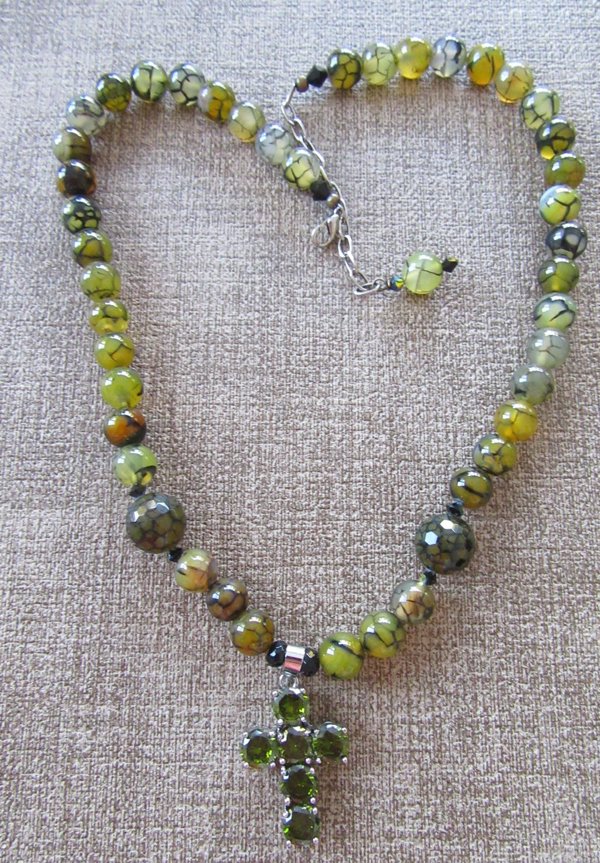 Dragon Agate Stone Necklace With Cross Religious Christian