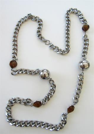 Vintage Chrome and Smokey Rhinestone Heart Chain Necklace Costume Jewelry