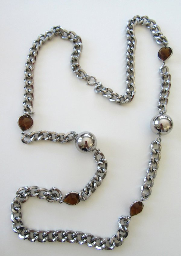 Vintage Chrome Smokey Rhinestone Hearts Chain Necklace 
