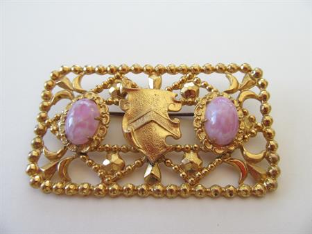 Gilt Cut Steal Shield Pin with Pink Art Glass Cabochons Antique Jewelry