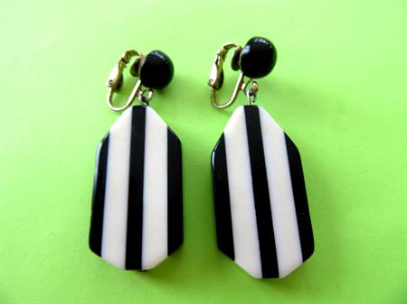 Vintage Mod 1960's Striped Lucite Clip Earrings Black and White '60's Accessories Costume Jewelry