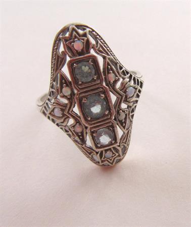 Sterling Silver Victorian Style  Filigree Ring Aquamarine and Opals? 7 1/2  Fine Jewelry