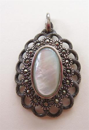 Sterling Silver Marcasite Mother of Pearl Pendant 925 