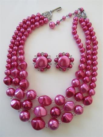 Vintage 1950's Pink Multi Strand Necklace Earrings Set '50's Accessories