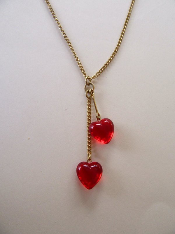 Red Lucite Hearts Necklace 16" Chain Valentines Day