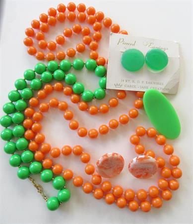 Vintage Mod Jewelry Lot Orange and Neon Green Necklace Pierced Earrings Scarf Clip '60's Acccessories