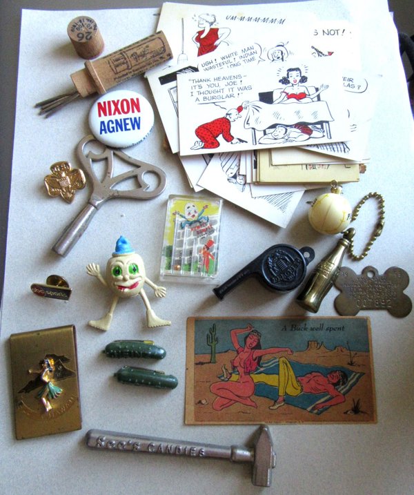 Vintage Junk Drawer Lot Cracker Jack Dragnet Whistle Risque Cards and More