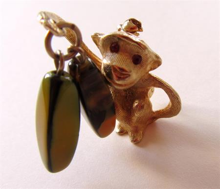 Vintage Monkey Pin With Art Glass Dangles Chimp Chimpanzee Ape Figural Costume Jewelry