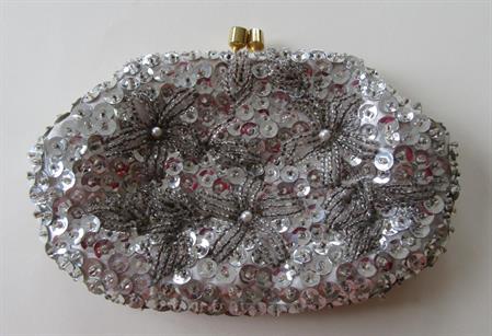 Vintage Mini Silver Sequin and Beaded Change Purse Hong Kong 1950's Accessories Night Out Wedding