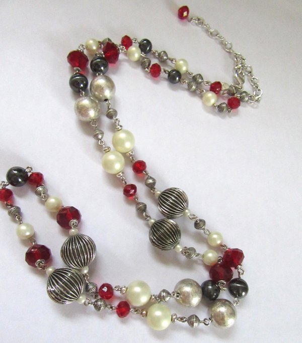 Red Crystal Faux Pearl Long Necklace Flapper Length 