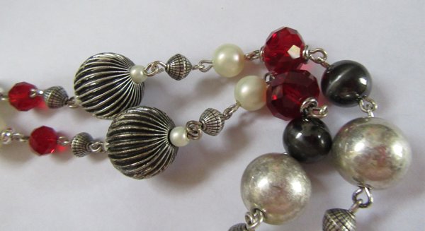 Red Crystal Faux Pearl Long Necklace Flapper Length 