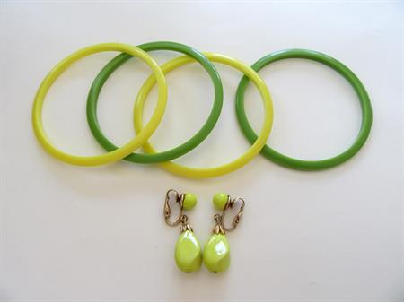 Vintage Mod Bangles and Clip Earrings Lemon Lime Citrus Colors 1960's Costume Jewelry