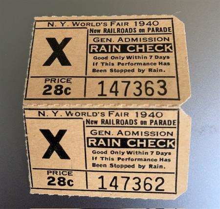 Vintage 1940's NY World's Fair New Railroads On Parade Rain Check Tickets Railroad Memorabilia Ephemera