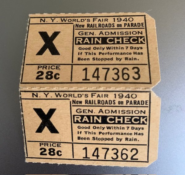 1940's NY World's Fair New Railroads On Parade Rain Check Tickets Memorabilia 
