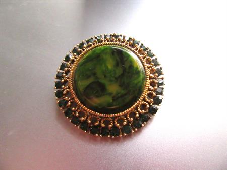 Bakelite Green Pin Rhinestone Rimmed Creamed Spinach Vintage Jewelry