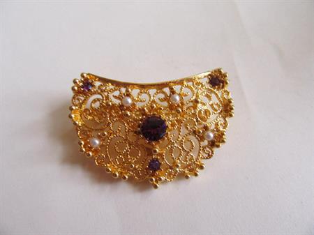 Vintage Purple Rhinestone Faux Seed Pearls Scrolled Pin Never Worn Old Stock