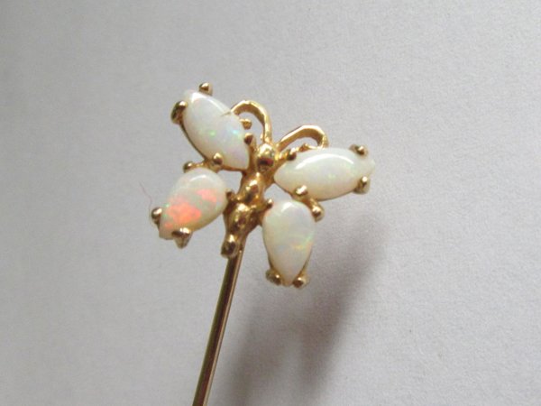 Vintage 14k Gold Genuine Opals Butterfly Stick Pin  Fine Jewelry