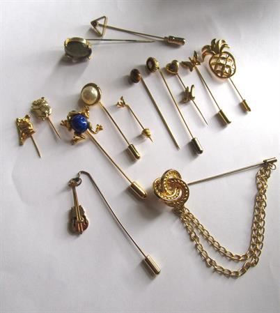 Vintage Stick Pins Lot Frog Koala Pineapple Tiger Eye Venetian Glass violin