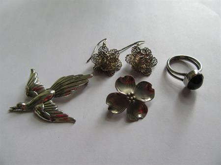 Vintage Sterling Silver Lot Bird and Dogwood Flower Pins Onyx Ring Spun Earrings 13.4 Grams