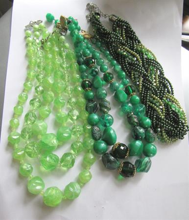 Two 1950's Green Lucite Multi Strand Necklaces and Bonus Necklace Vintage Jewelry