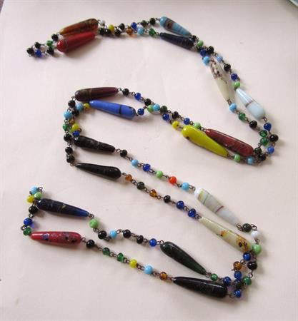 1920's Venetian Glass Necklace Metal Link Vintage Jewelry