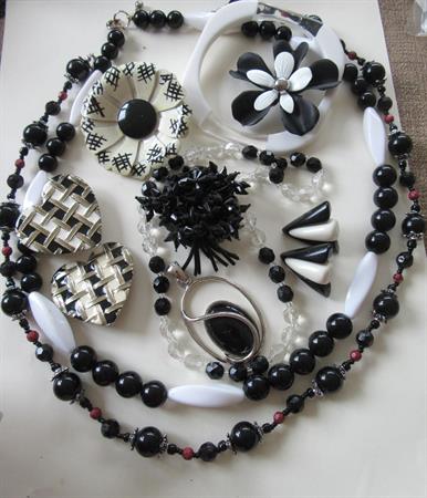 Vintage Jewelry Lot Black and White Pins One Signed Germany Bracelet Necklaces Earrings Pendant