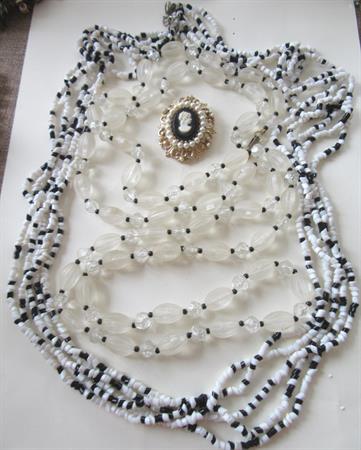 Vintage Glass and Lucite Hong Kong Necklaces Beads Black and White Cameo 