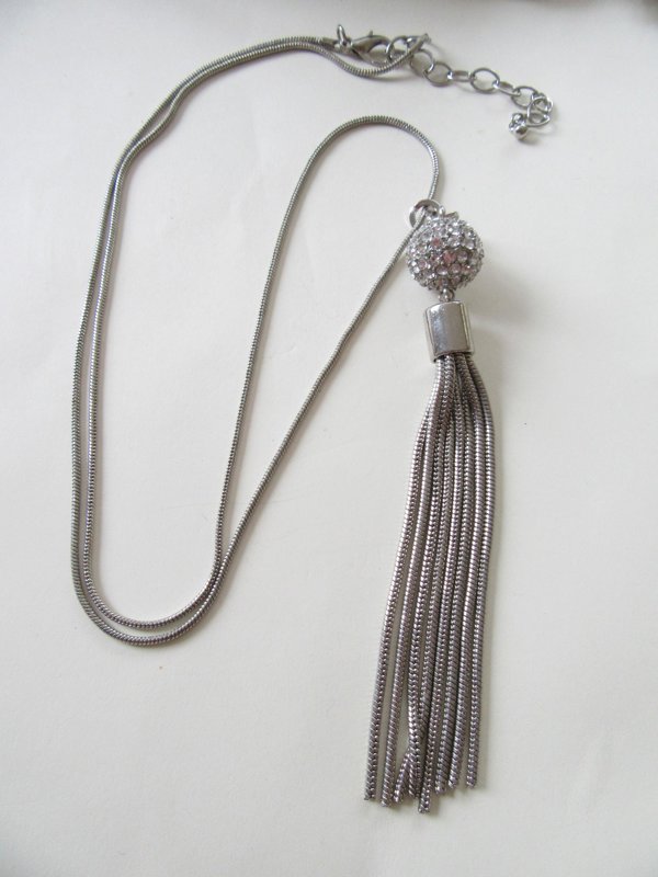 Silver Tone Mesh Rhinestone Tassel Necklace Never Worn