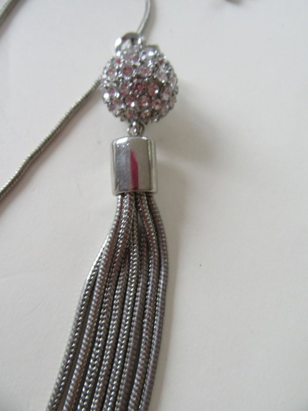 Silver Tone Mesh Rhinestone Tassel Necklace Never Worn